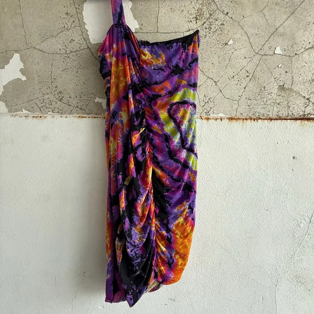Rampage Dress One Shoulder Ruched Cocktail Mini Tie Dye Multicolor Y2K Party - Picture 5 of 7